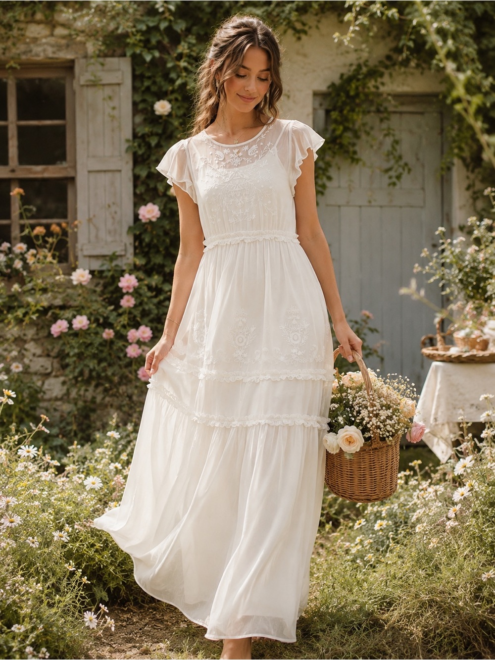 Vow’d White Embroidered Boho Maxi Dress Sheer Overlay Romantic Cottagecore S